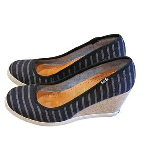 Keds Womens Navy Blue White Striped Canvas Espadrille Wedge Heels 3In Heel 7.5